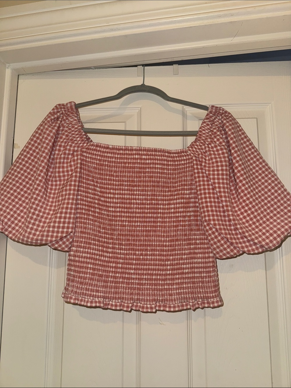 BB Dakota Red Gingham Smocked Off-Shoulder Crop Top